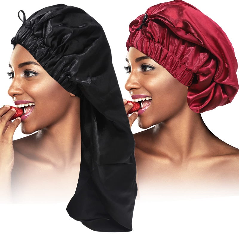2PCS Satin Hair Braid Bonnet Foldable Extra Long Bonnet for Braids with Button Single Layer Sleep Cap Soft Hair Sleeping Bonnet Cap for Black Women