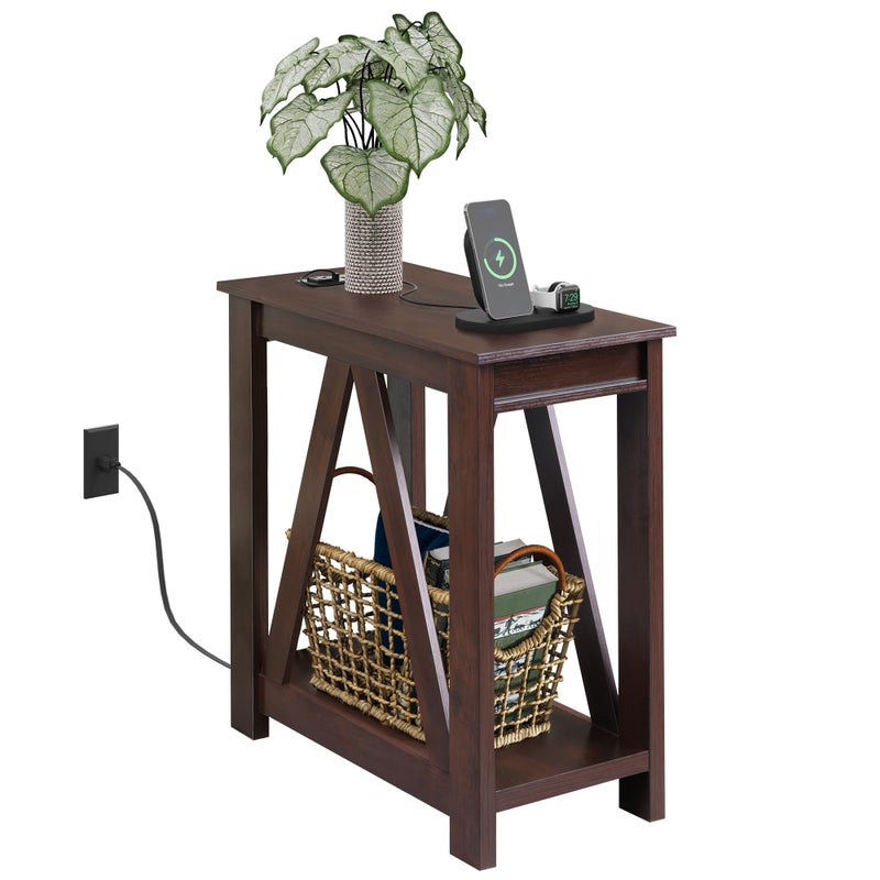 WLIVE Narrow End Table with Charging Station of Open Storage ShelfSofa Side Table with 2 USB Ports and 2 Power OutletsSlim Farmhouse End Table for Small SpacesBedroom Living Room Espresso
