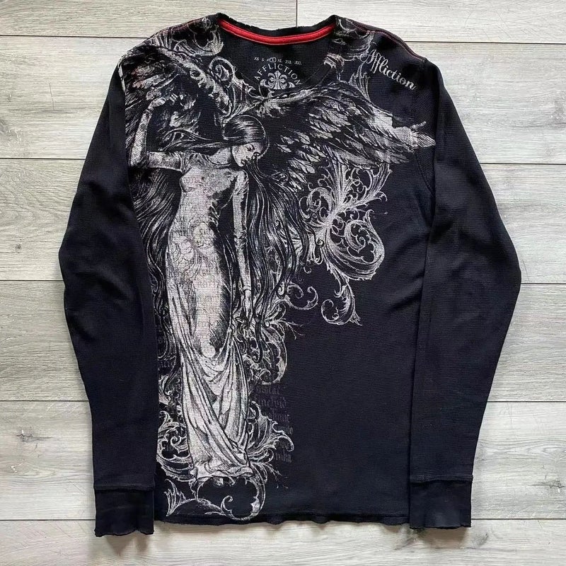 Men'S Japanese Anime Retro Angel Round Neck Long Sleeve T-Shirt Pullover Top Drawstring Long Sleeve Pure Cotton - Image 3