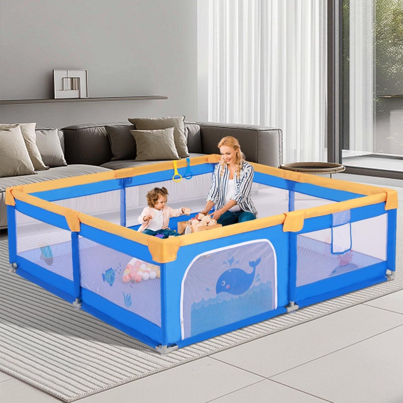 Arejonner Baby Playpen for Toddlers: 6.56x6.56 ft Kid-Safe Enclosed Play Yard | Non-Slip Base, Breathable Mesh - Easy-Portable for Indoor & Outdoor Baby Play Spaces - Blue - Image 1