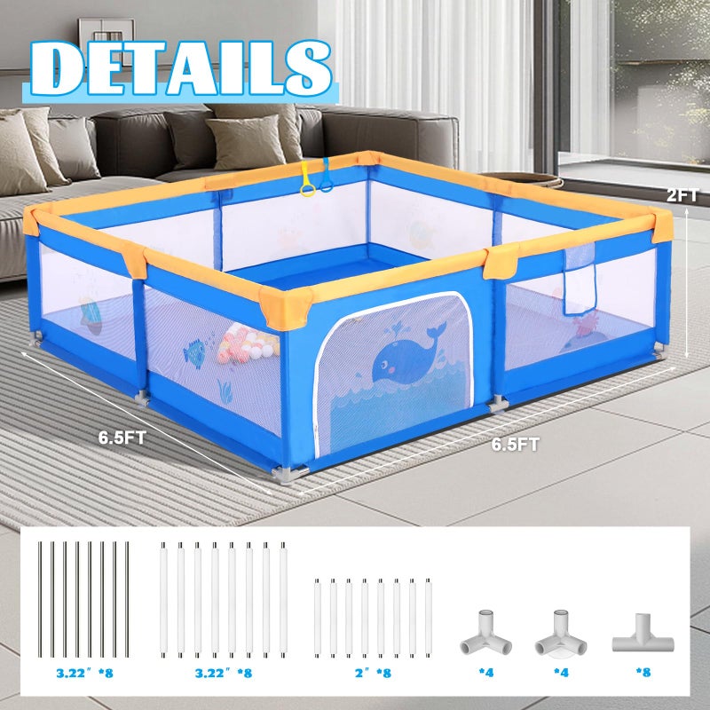 Arejonner Baby Playpen for Toddlers: 6.56x6.56 ft Kid-Safe Enclosed Play Yard | Non-Slip Base, Breathable Mesh - Easy-Portable for Indoor & Outdoor Baby Play Spaces - Blue - Image 3