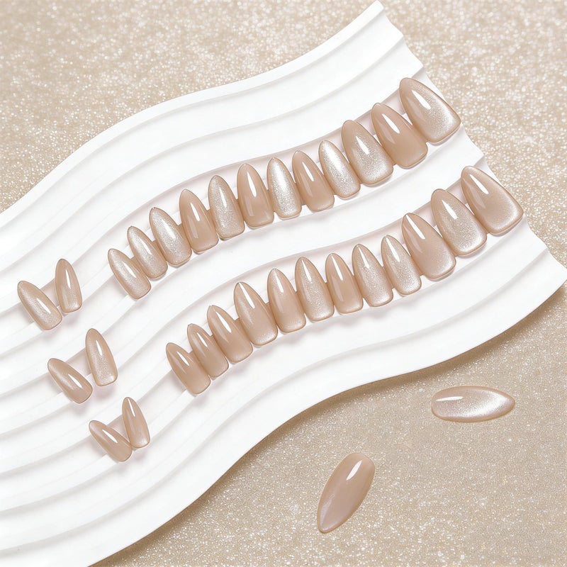 KQueenest Glitter Cat Eye Press on Nails Medium Short Almond, 30 Pcs Thick Cute Acrylic Nails Press on, Gel Fake Nails Short with UV Coating, Reusable Glue on Nails for Women Small Hand, Nude Sparkle - Image 4