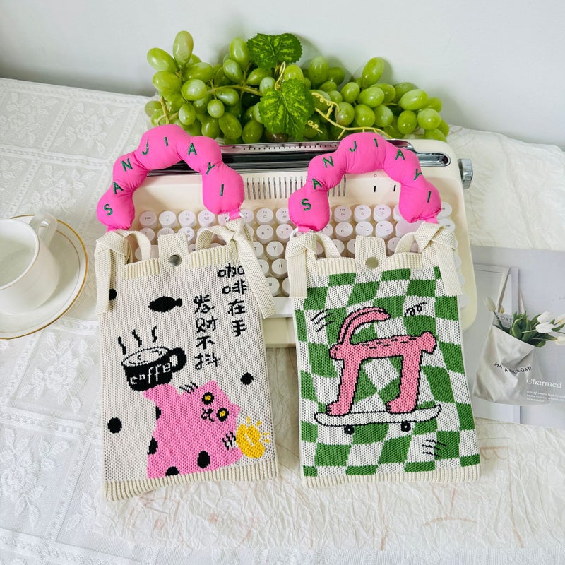Original Design Cute Cat Knitted Bag Handbag Wool Woven Bag Cute Cat Mobile Phone Bag Waler Baby Bag For Women - Image 2