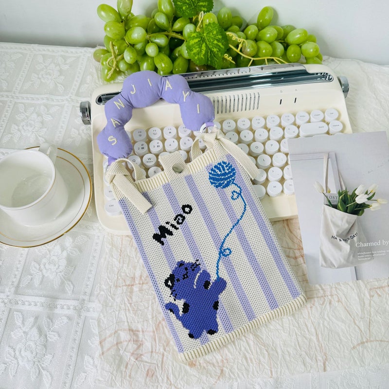 Original Design Cute Cat Knitted Bag Handbag Wool Woven Bag Cute Cat Mobile Phone Bag Waler Baby Bag For Women - Image 3