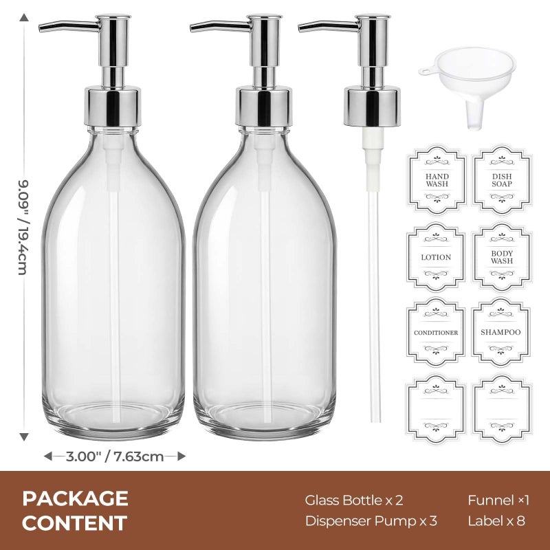 Homepicker 16 oz Clear Glass Soap Dispenser with Plastic Silver Pump, Glass Pump Bottle for Lotion Body Oil, 500ml Hand and Dish Soap Dispensers Set with Labels - 2 Pack - Image 3
