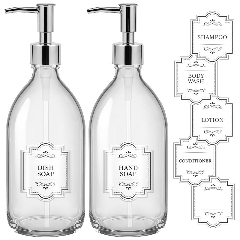 Homepicker 16 oz Clear Glass Soap Dispenser with Plastic Silver Pump, Glass Pump Bottle for Lotion Body Oil, 500ml Hand and Dish Soap Dispensers Set with Labels - 2 Pack - Image 1