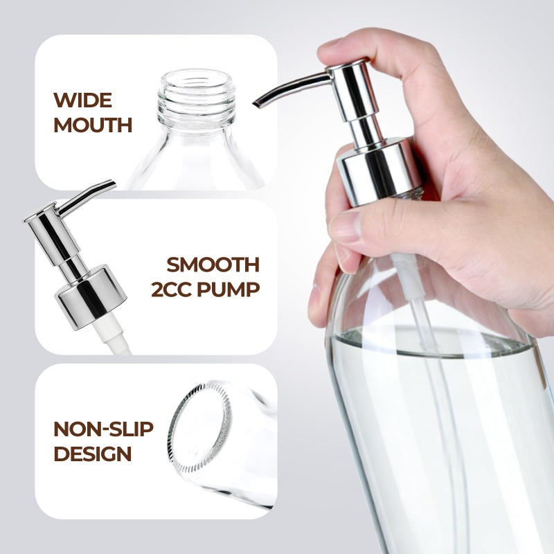 Homepicker 16 oz Clear Glass Soap Dispenser with Plastic Silver Pump, Glass Pump Bottle for Lotion Body Oil, 500ml Hand and Dish Soap Dispensers Set with Labels - 2 Pack - Image 5
