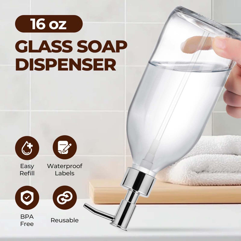 Homepicker 16 oz Clear Glass Soap Dispenser with Plastic Silver Pump, Glass Pump Bottle for Lotion Body Oil, 500ml Hand and Dish Soap Dispensers Set with Labels - 2 Pack - Image 4