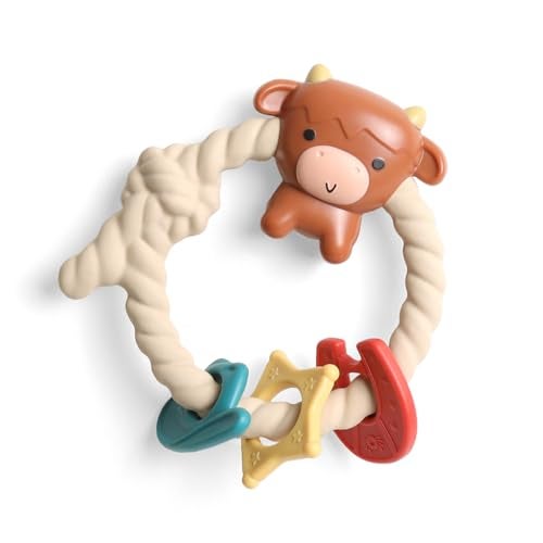 Itzy Ritzy Silicone Teether with Rattle; Rattle Teether Features Rattle Sound, Three Silicone Teething Rings and Raised Texture to Soothe Gums; Ages 3 Months and Up (Highland Cow) - Image 1