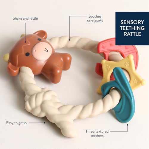Itzy Ritzy Silicone Teether with Rattle; Rattle Teether Features Rattle Sound, Three Silicone Teething Rings and Raised Texture to Soothe Gums; Ages 3 Months and Up (Highland Cow) - Image 3