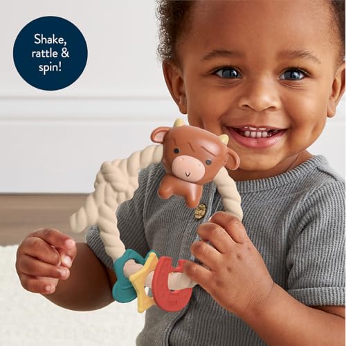 Itzy Ritzy Silicone Teether with Rattle; Rattle Teether Features Rattle Sound, Three Silicone Teething Rings and Raised Texture to Soothe Gums; Ages 3 Months and Up (Highland Cow) - Image 2