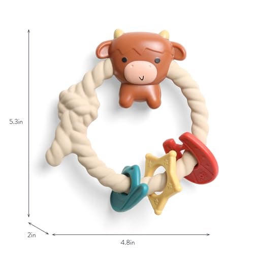 Itzy Ritzy Silicone Teether with Rattle; Rattle Teether Features Rattle Sound, Three Silicone Teething Rings and Raised Texture to Soothe Gums; Ages 3 Months and Up (Highland Cow) - Image 5