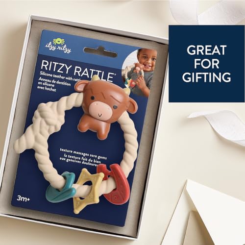 Itzy Ritzy Silicone Teether with Rattle; Rattle Teether Features Rattle Sound, Three Silicone Teething Rings and Raised Texture to Soothe Gums; Ages 3 Months and Up (Highland Cow) - Image 4