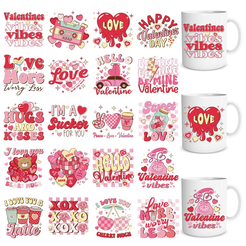 Shejdgart UV DTF Cup Wrap - 20 Sheets Valentines UV DTF Cup Wraps for 16 OZ Vintage Cherry Bear UVDTF Decals Waterproof Transfer Stickers for Glass Cups Tumblers DIY Crafts - Image 1