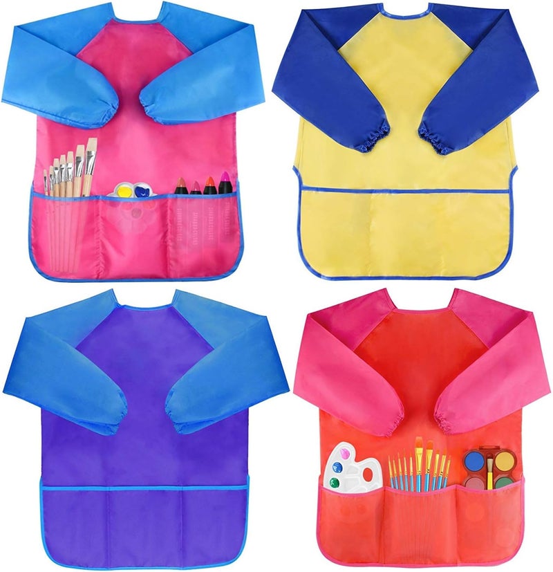 Bassion 2 Pack Kids Art Smock, Toddlers Painting Aprons Colorful Waterproof Artist Smock with Long Sleeve 3 Roomy Pockets - Image 1