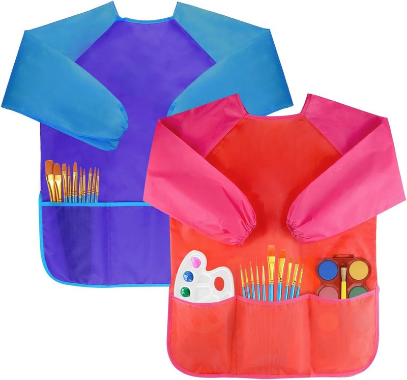 Bassion 2 Pack Kids Art Smock, Toddlers Painting Aprons Colorful Waterproof Artist Smock with Long Sleeve 3 Roomy Pockets - Image 4