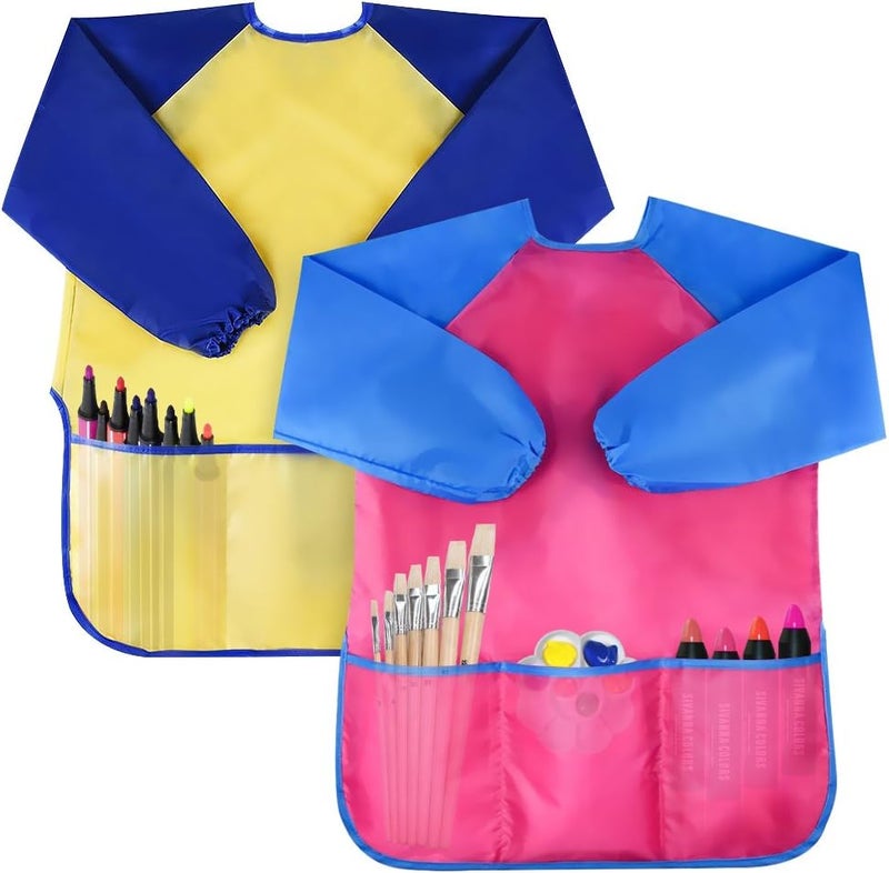 Bassion 2 Pack Kids Art Smock, Toddlers Painting Aprons Colorful Waterproof Artist Smock with Long Sleeve 3 Roomy Pockets - Image 3