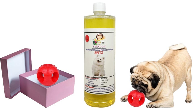 swacch Pet Shampoo | Puppy Safe Shampoo | PH Balanced | Ditch to Itch for Spitz Dog Shampoo 1 Litre (Lemon) + Goofy Ball Chew Toy Combo Pack - Image 1