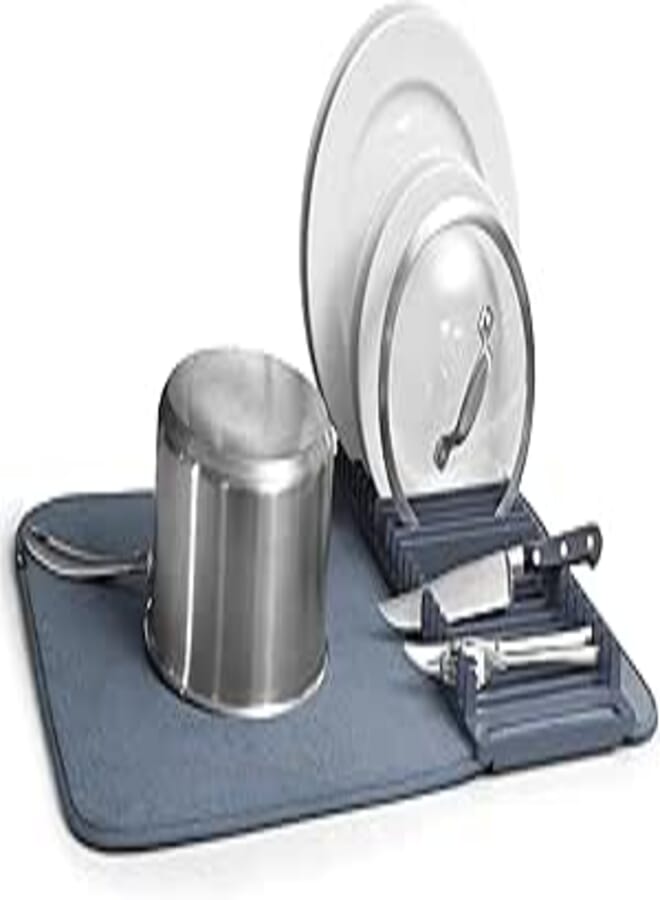 Umbra UDRY Rack and Microfiber Dish Drying Mat-Space-Saving Lightweight Design Folds Up for Easy Storage, 24 x 18 inches, Denim