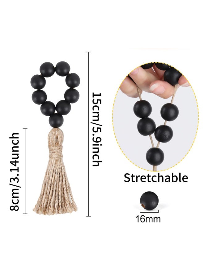6 Pieces Wooden Bead Napkin Rings with Jute Tassel, Black, Farmhouse Boho Style, 15cm Length - Image 3