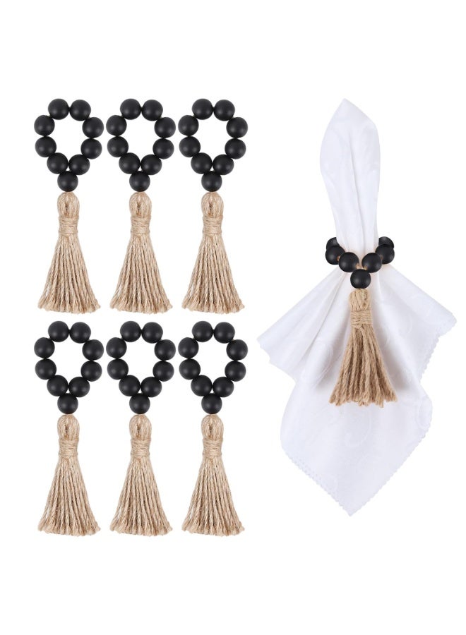 6 Pieces Wooden Bead Napkin Rings with Jute Tassel, Black, Farmhouse Boho Style, 15cm Length - Image 1