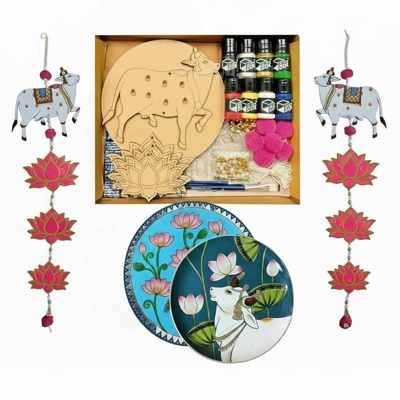 The brown box-DIY Pichwai Art Kit for Kids, Adults & Beginners – Pichwai Cow & Lotus DIY Wall Hanging Craft Kit with MDF Boards, 8 Acrylic Colors (incl. Gold & Silver), Accessories & Video Tutorial - Image 5