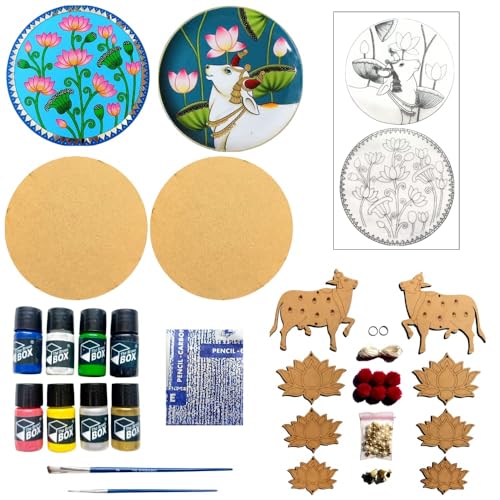 The brown box-DIY Pichwai Art Kit for Kids, Adults & Beginners – Pichwai Cow & Lotus DIY Wall Hanging Craft Kit with MDF Boards, 8 Acrylic Colors (incl. Gold & Silver), Accessories & Video Tutorial - Image 2