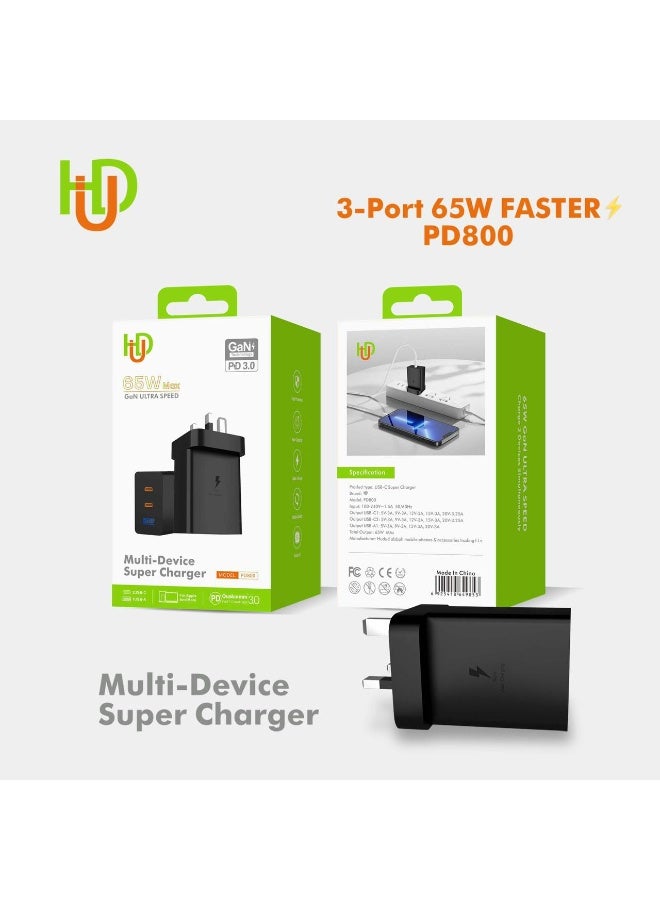3-Port 65W GaN USB Charger – Fast Charging, Multi-Device Super Charger for Phones, Laptops, and Tablets – PD800 – Ultra-Speed Power Delivery (PD 3.0)