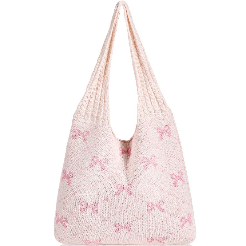 WantGor Crochet Bags, Beach Mesh Tote Bag Womens Shoulder Shopping Handbag Casual Travel Totes Bag Foldable Hobo Bags (Apricot Pink) - Image 1