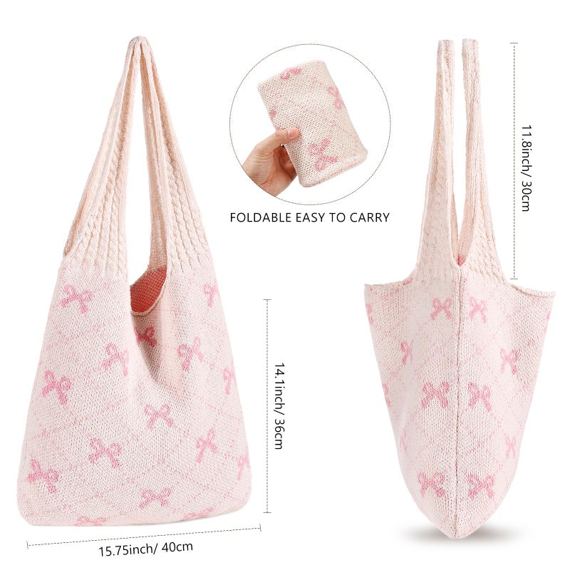 WantGor Crochet Bags, Beach Mesh Tote Bag Womens Shoulder Shopping Handbag Casual Travel Totes Bag Foldable Hobo Bags (Apricot Pink) - Image 4