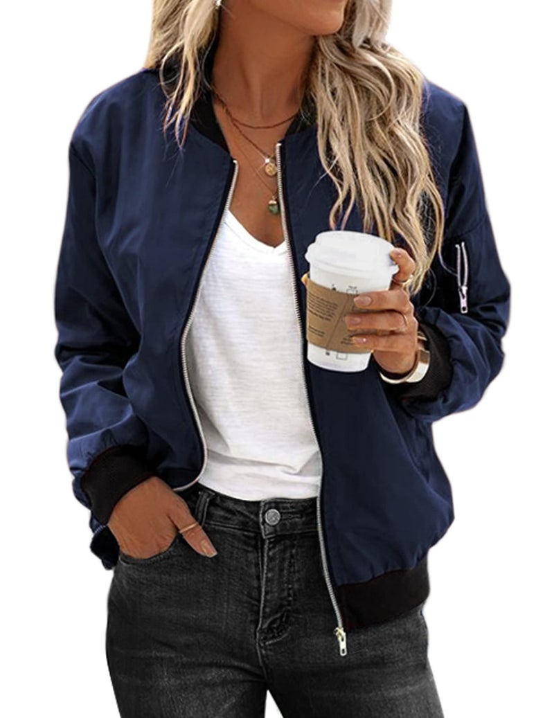 Zeagoo Women's Bomber Jacket Casual Coat Zip Up Spring Fall Clothes with Pockets S-XXL Navy - Image 1