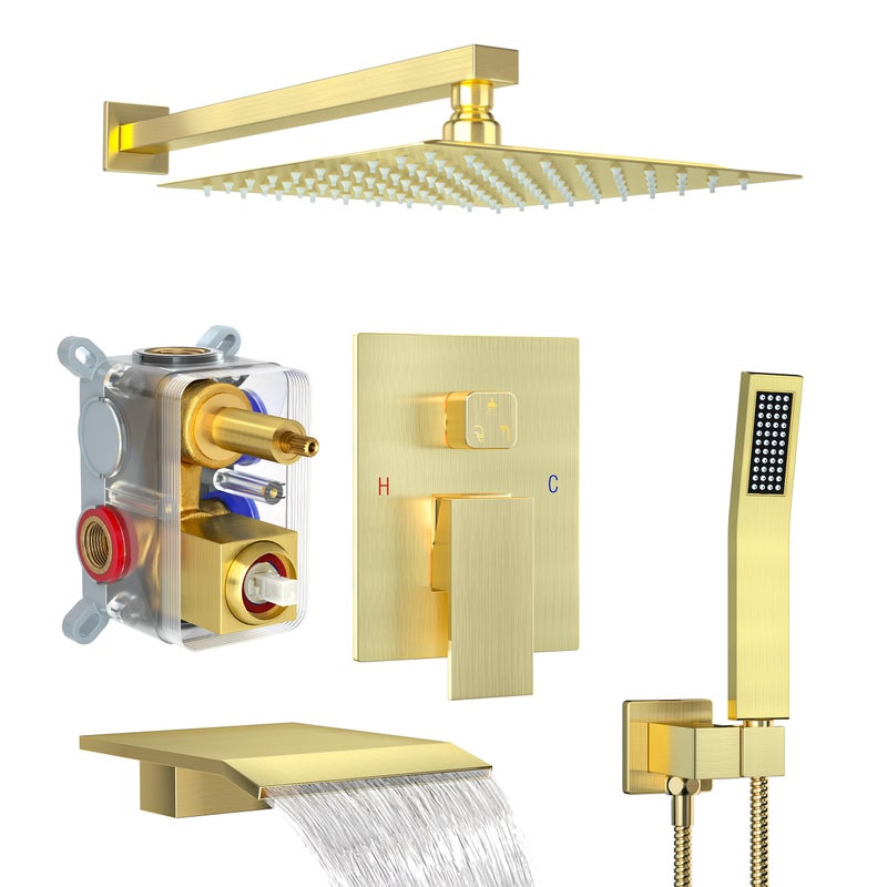 Fatspas Shower System with Tub Spout Shower Faucet Set with 10 Inch Rain Showerhead Handheld Shower Tub Spout Wall Mounted HighPressure Showerhead Combo Set Included Valve and Trim Brushed Gold