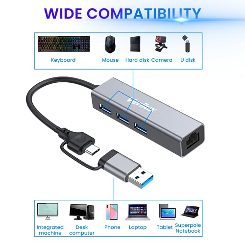 Verilux® USB HUB 3.0 for PC, 4-in-1 Type C HUB with 1 USB 3.0, 2 USB 2.0 & 100Mbps Ethernet Port, Type C/USB Ethernet Adapter for Laptop LAN Connetor Support Windows, Chromebook, Mac, Linux - Image 2