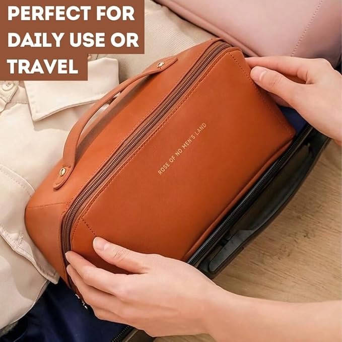 MS Export Large Capacity Travel Cosmetic Bag with Handle and Divider – Waterproof PU Leather Makeup Organizer for Women & Girls, Zipper Toiletry Case with Compartments, Brown (Brown) - Image 4
