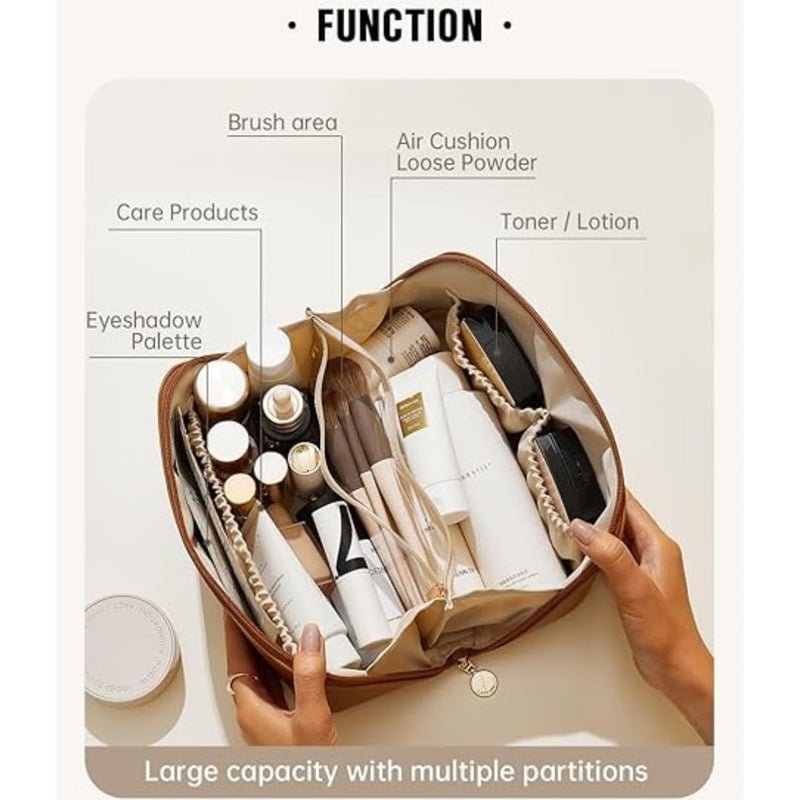 MS Export Large Capacity Travel Cosmetic Bag with Handle and Divider – Waterproof PU Leather Makeup Organizer for Women & Girls, Zipper Toiletry Case with Compartments, Brown (Brown) - Image 3