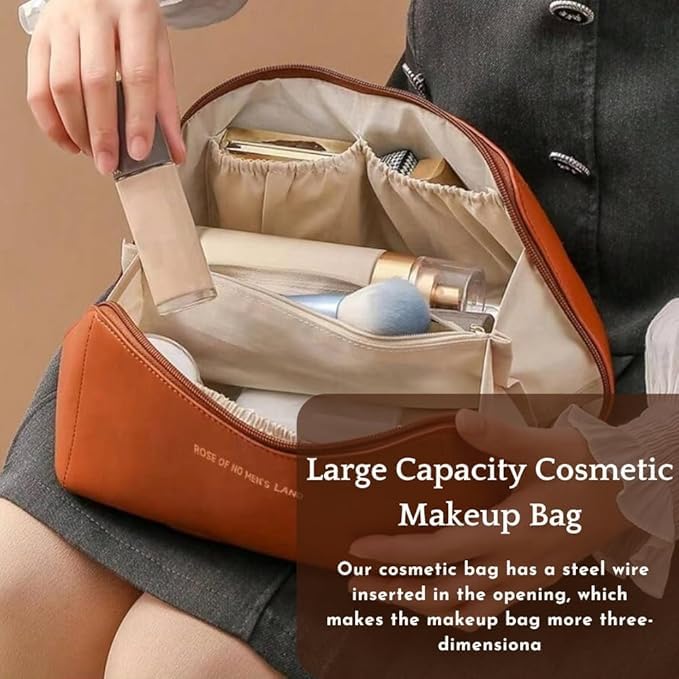 MS Export Large Capacity Travel Cosmetic Bag with Handle and Divider – Waterproof PU Leather Makeup Organizer for Women & Girls, Zipper Toiletry Case with Compartments, Brown (Brown) - Image 2