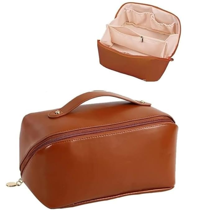 MS Export Large Capacity Travel Cosmetic Bag with Handle and Divider – Waterproof PU Leather Makeup Organizer for Women & Girls, Zipper Toiletry Case with Compartments, Brown (Brown) - Image 1