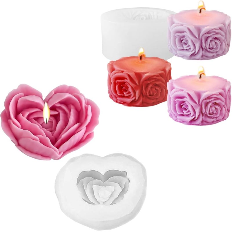 Skytail 2pc 3D Flower Silicone Candle Moulds Rose Flower Heart Molds for for Candle Making Waxmelts Home Decoration DIY Handmade Soaps Resin Casting Valentines Day Couple Gifts Chocolate Cake Baking Molds - Image 1