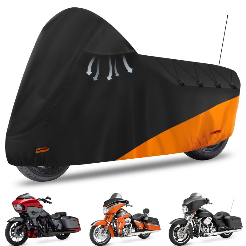 AUTOLION Waterproof Motorcycle Cover for Touring Models Made for Harley Davidson Road King Road Glide Street Glide Electra Glide Low RiderST Indoor Outdoor All Weather Protection BlackOrange