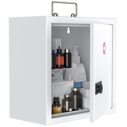Uniclife Wall Mount Medicine Cabinet with Combination Lock  Handle Locking First Aid Cabinet Lockable Medical Cabinet Medium Medicine Organizer Secure Steel Wall Cabinet Metal Storage Box White
