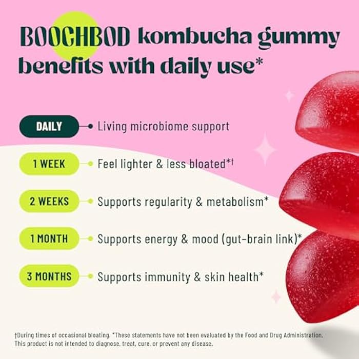 BoochBod جومي بروبيوتيك كومبوتشا - بروبيوتيك، بريبايوتيك، بوستبايوتيك، مكمل ألياف، قشرة الدردار، جذر الهندباء، زيت MCT، لتخفيف الانتفاخ، صحة الأمعاء - بروبيوتيك للنساء والرجال - Image 4