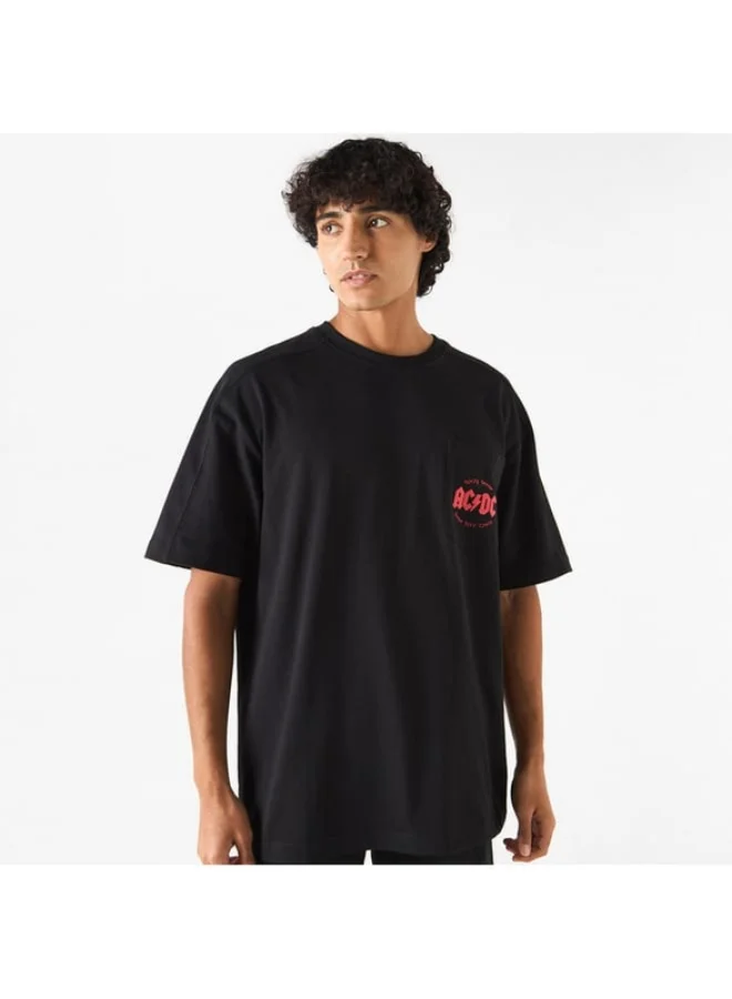 SP Characters ACDC Print Crew Neck T-shirt with Short Sleeves and Chest Pocket