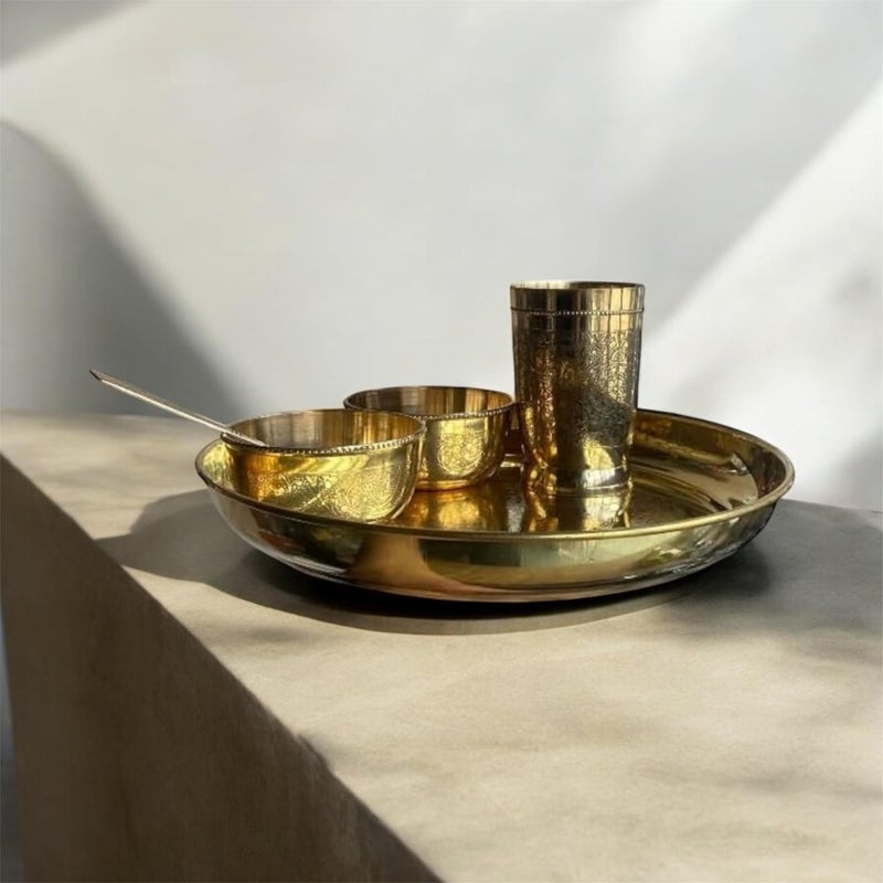 GBW Pure Brass Thali Set of 5 Piece Embossed (2katori, 1glass 1Thali 1spoon) Embossed dinnerset pital bhojan Set pital ka thali Set Heavy Premium Dinner Set - Image 5