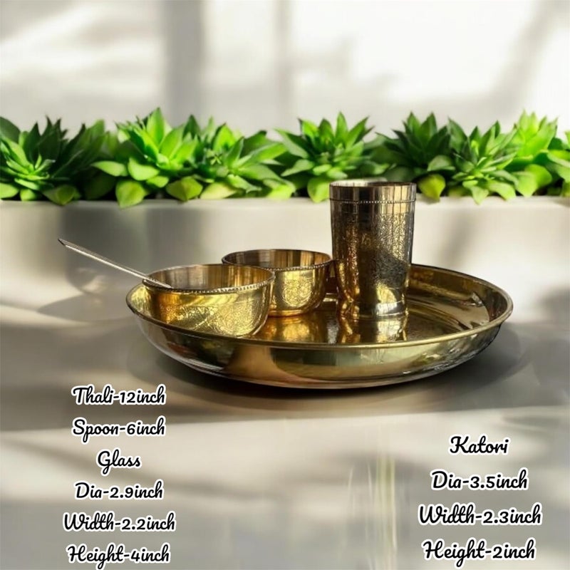 GBW Pure Brass Thali Set of 5 Piece Embossed (2katori, 1glass 1Thali 1spoon) Embossed dinnerset pital bhojan Set pital ka thali Set Heavy Premium Dinner Set - Image 3