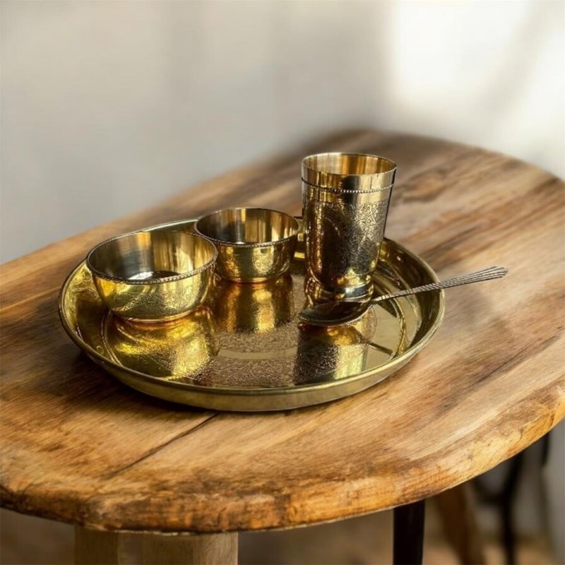 GBW Pure Brass Thali Set of 5 Piece Embossed (2katori, 1glass 1Thali 1spoon) Embossed dinnerset pital bhojan Set pital ka thali Set Heavy Premium Dinner Set - Image 1