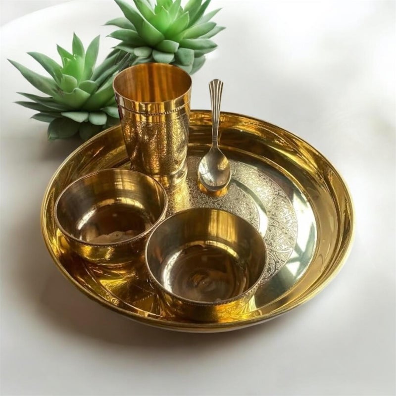 GBW Pure Brass Thali Set of 5 Piece Embossed (2katori, 1glass 1Thali 1spoon) Embossed dinnerset pital bhojan Set pital ka thali Set Heavy Premium Dinner Set - Image 4