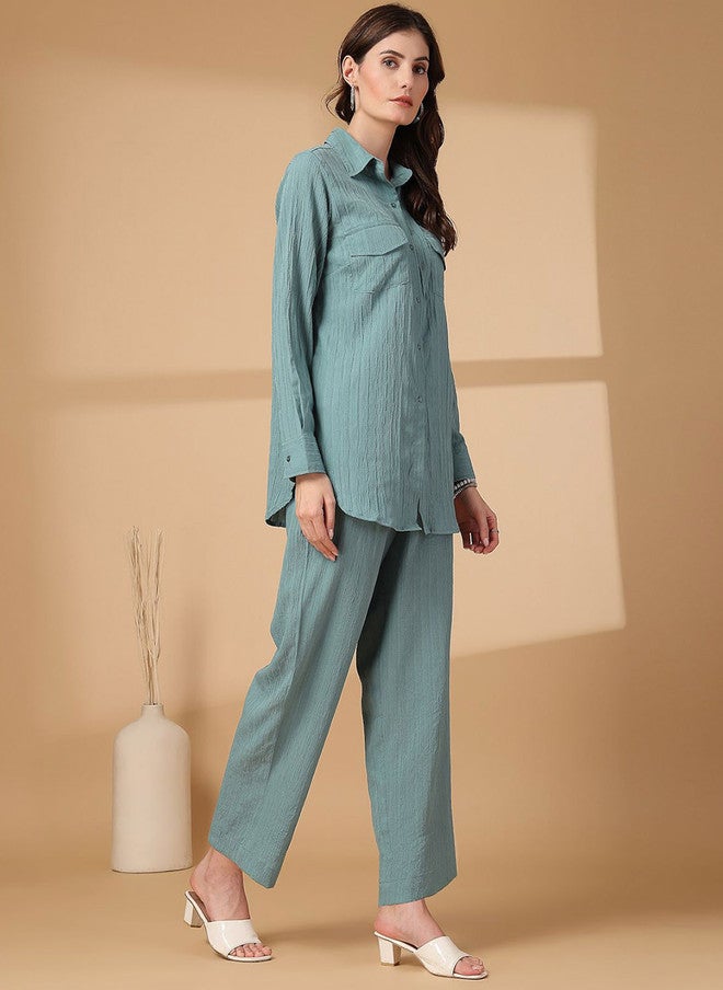 PlusS قميص بقلنسوة باللون الأخضر البحري وسروال متناسق للنساء - Image 4