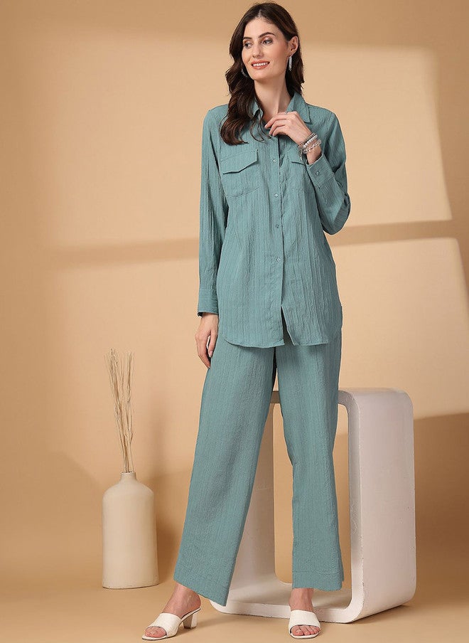 PlusS قميص بقلنسوة باللون الأخضر البحري وسروال متناسق للنساء - Image 1