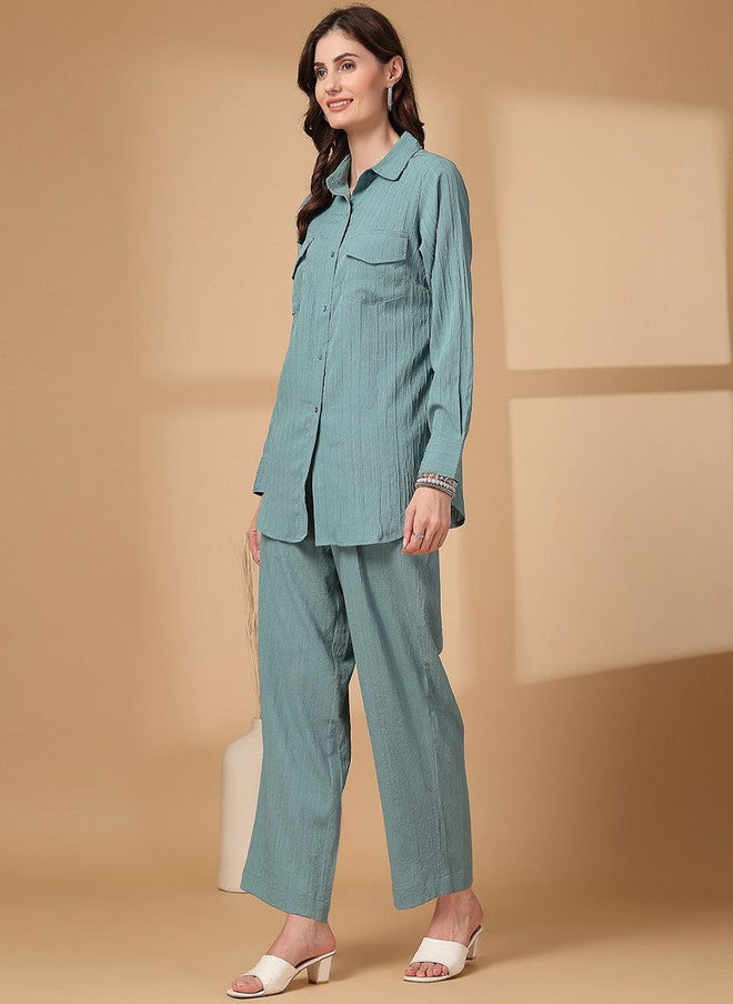 PlusS قميص بقلنسوة باللون الأخضر البحري وسروال متناسق للنساء - Image 5