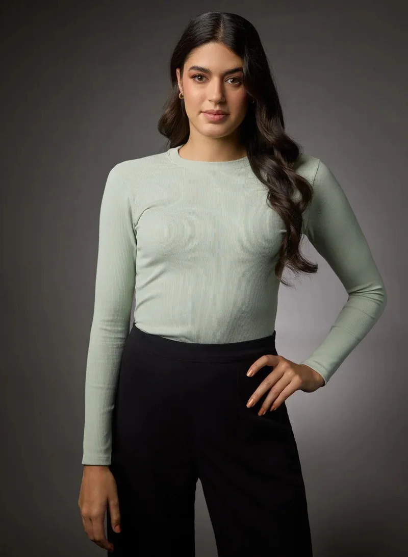 Zigzag  Long Sleeve Round Neck Rib Top- Baby Green for Women | Best Price UAE